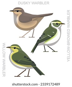 Cute Bird Dusky Warbler Set Cartoon Vektorgrafik