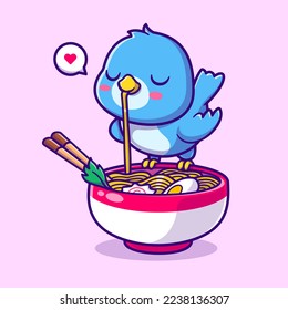 Cute Bird Eating Ramen Noodle Cartoon Vector Icon Illustration. Animal Food Icon Concept Isolated Premium Vector. Flat Cartoon Style