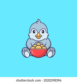 Cute bird eating ramen noodles. Animal cartoon concept isolated. Can used for t-shirt, greeting card, invitation card or mascot.