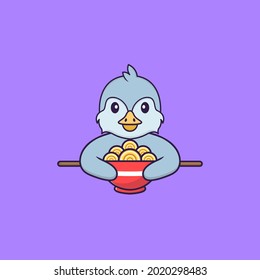 Cute bird eating ramen noodles. Animal cartoon concept isolated. Can used for t-shirt, greeting card, invitation card or mascot.