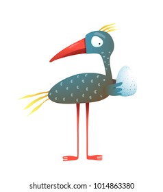 Cute Bird with Egg Baby. Happy animals parent holding egg. Vector illustration.