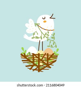 Cute bird  with eggs in the nest. Happy little bird, springtime.  Funny chick singing song. Cartoon character, hand drawn vector illustration. Idea for happy Easter card. Flat design, isolated on blue