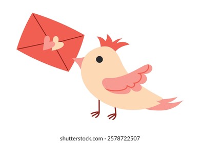 Cute bird with an envelope in its beak. Vector illustration of a bird with a Love Message, perfect for an icon, postcards, Valentine's Day stickers, wedding invitations.