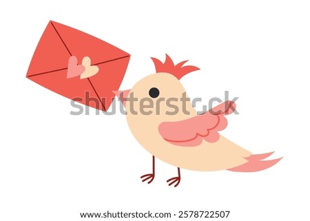 Cute bird with an envelope in its beak. Vector illustration of a bird with a Love Message, perfect for an icon, postcards, Valentine's Day stickers, wedding invitations.