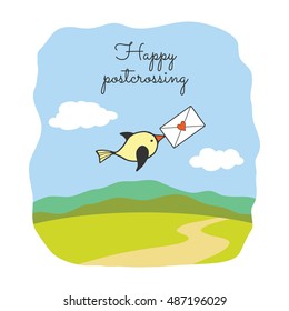 Cute bird with envelope on a background of green landscape. Vector illustration with the inscription Happy postcrossing.