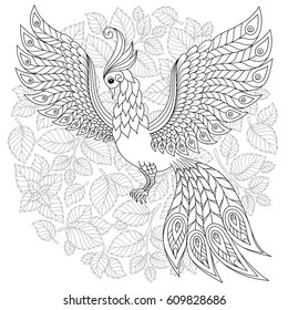 Cute bird in fantasy flower garden. Animals. Hand drawn doodle. Ethnic patterned illustration. African, indian, totem tatoo design. Sketch for avatar, tattoo, poster, print or t-shirt.