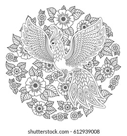 Cute bird in fantasy flower garden. Animals. Hand drawn doodle. Ethnic patterned illustration. African, indian, totem tatoo design. Sketch for avatar, tattoo, poster, print or t-shirt.