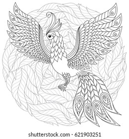 Cute bird in fantasy flower garden. Animals. Hand drawn doodle. Ethnic patterned illustration. African, indian, totem tatoo design. Sketch for avatar, tattoo, poster, print or t-shirt.
