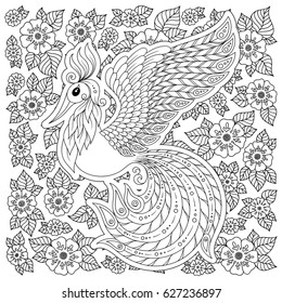 Cute bird in fantasy flower garden. Animals. Hand drawn doodle. Ethnic patterned illustration. African, indian, totem tatoo design. Sketch for avatar, tattoo, poster, print or t-shirt.