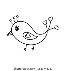 Cute bird with feathers in the shape of a heart. Decorative design element for Valentine's Day. Simple outline illustration drawn by hand and isolated on a white background. Black white vector