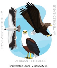 Cute Bird Fish Eagle Set Cartoon Vector
