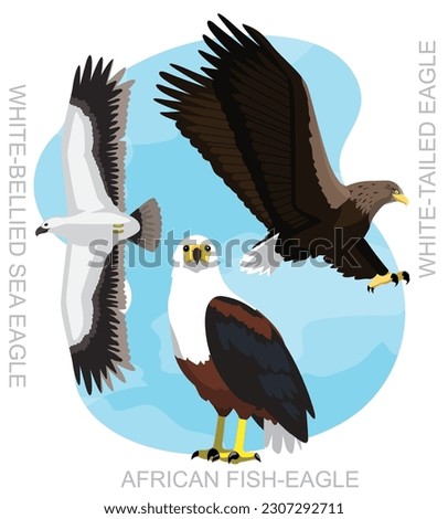 Cute Bird Fish Eagle Set Cartoon Vector
