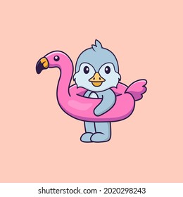 Cute bird With flamingo buoy. Animal cartoon concept isolated. Can used for t-shirt, greeting card, invitation card or mascot.