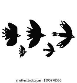 Cute bird flock silhouette cartoon vector illustration motif set. Hand drawn avian life elements clipart for birdwatching blog.