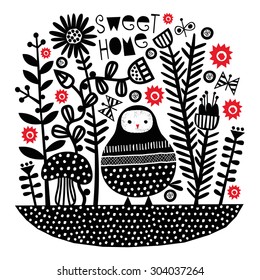 A Cute Bird in the Floral Garden, Vector illustration