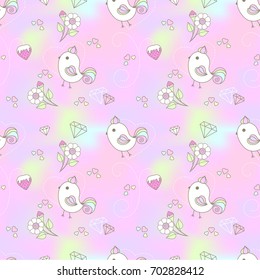 Cute bird and floral seamless pattern in rainbow background.