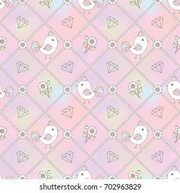 Cute bird and floral seamless pattern in pearl rainbow background.