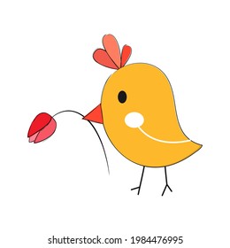 Ave dulce con flor en roca. Ilustración vectorial.