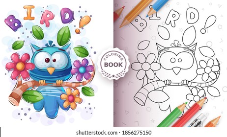 Cute bird in flower - coloring book. Vector eps 10