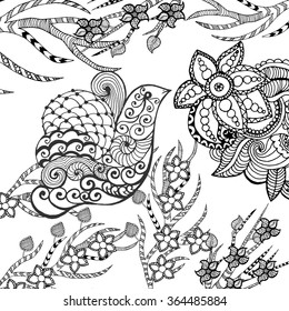 Cute bird in flower garden. Animals. Hand drawn doodle. Ethnic patterned illustration. African, indian, totem tatoo design. Sketch for avatar, tattoo, poster, print or t-shirt.