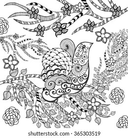 Cute bird in flower garden. Animals. Hand drawn doodle. Ethnic patterned illustration. African, indian, totem tatoo design. Sketch for avatar, tattoo, poster, print or t-shirt.