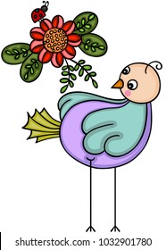 Cute bird with flower and ladybug
