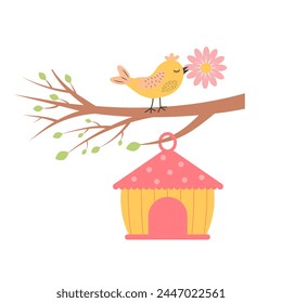 Cute bird with flower sitting on branch and birdhouse hanging. Springtime concept.