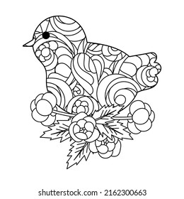 Cute bird, flowers, Coloring page. Hand drawn black and white vector illustration