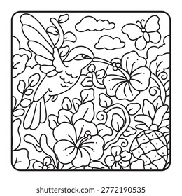 Cute Bird and Flowers Coloring Page Cartoon Floral Nature Scene with Butterfly Line Art