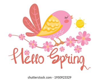 Un pájaro y flores. ilustración de tarjeta "hola primavera".