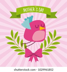 cute bird flying bow branches mothers day striped background