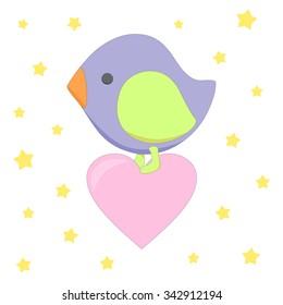 Cute bird flying with heart. Vector illustration