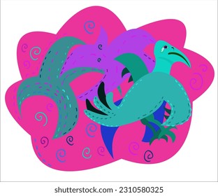A cute bird, flying on an abstract tropical background. This cartoon illustration can be used as a logotype for bird's, singing, tourist and creative companies. Vector, isolated.