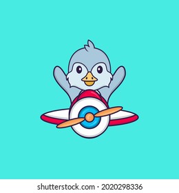 Cute bird flying on a plane. Animal cartoon concept isolated. Can used for t-shirt, greeting card, invitation card or mascot.