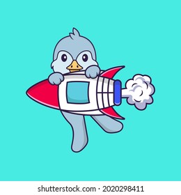 Cute bird flying on rocket. Animal cartoon concept isolated. Can used for t-shirt, greeting card, invitation card or mascot.