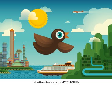 Cute bird flying over the landscape. Vector illustration.