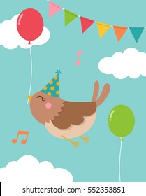 Cute bird flying in the sky with balloon for birthday or baby shower invitation card design