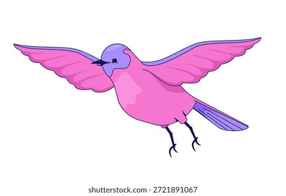 Lindo pájaro volando con alas extendidas personaje de dibujos animados 2D. Animal emplumado. Pájaro cantor volando con alas extendidas animal de Vector plano aislado en blanco. Ilustración de punto colorido