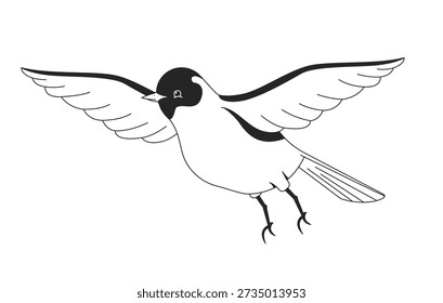 Cute bird flying with spread wings 2D line character. Feathered animal. Songbird soaring in flight with outstretched wings isolated vector ink outline animal. Monochromatic spot illustration