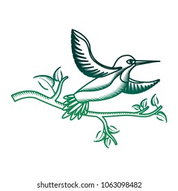 cute bird flying with tree branche