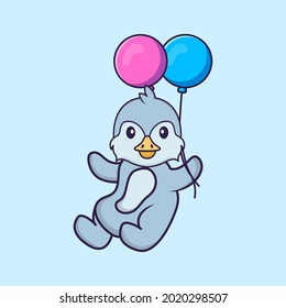 Cute bird flying with two balloons. Animal cartoon concept isolated. Can used for t-shirt, greeting card, invitation card or mascot.