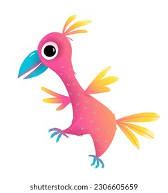 Un pájaro lindo bailando y celebrando. Pájaros para niños, divertidísima caricatura del personaje de un pájaro rosado. Dibujo vectorial de imágenes prediseñadas para niños con animales lindos, aislados en blanco.