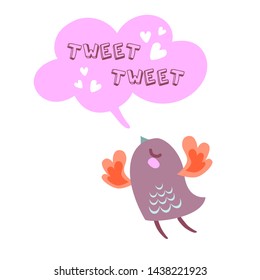 Cute bird with funny text inscription tweet tweet. Collection of hand drawn cute animals with funny speech bubbles end messages for anniversary, birthday, stickers, party invitations, T-shirt, cards. 