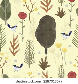 Cute bird in the garden seamless pattern