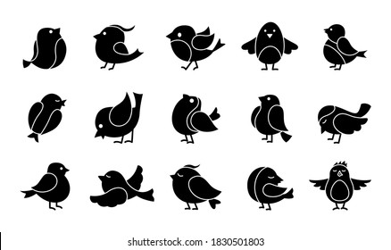 Cute bird glyph cartoon set. Black little birds, different poses, flying. Happy character. Hand drawn flat abstract icon. Modern trendy vector illustration