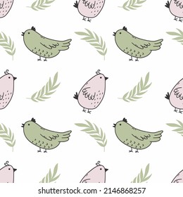 Cute bird with green branch. Seamless background for sewing children clothes. Printing on fabric and wrapping paper. Pattern to nursery.