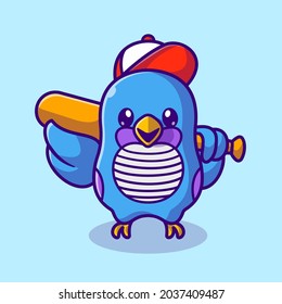 Cute Bird With Hat Holding Baseball Bat Cartoon Vector Icon Illustration. Animal Sport Icon Concept Isolated Premium Vector. Flat Cartoon Style