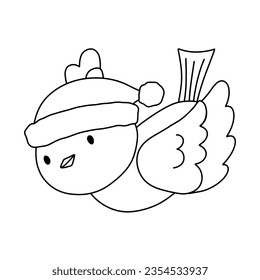 Cute bird in hat and scarf. Funny outline illustration for coloring book