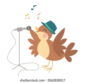 A cute bird in a hat stands at the microphone stand and sings. Vector music illustration. Jazz, rock, blues, lead singer of a musical group.