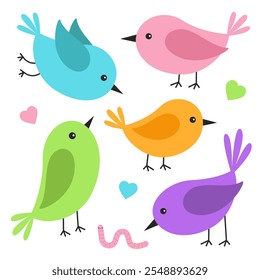 Cute bird heart worm icon set. Different color birds collection. Kawaii cartoon funny baby character. Colorful sticker decoration print. Childish style. Flat design. White background. Isolated. Vector